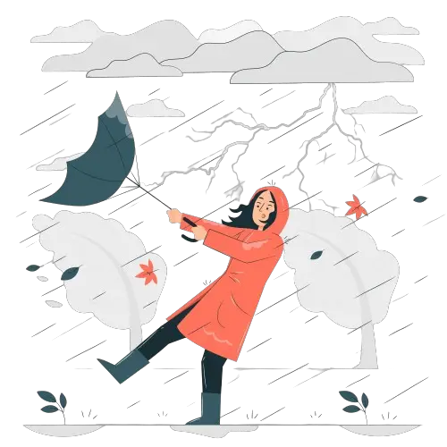 a vector image showing girl having umbrella in storm